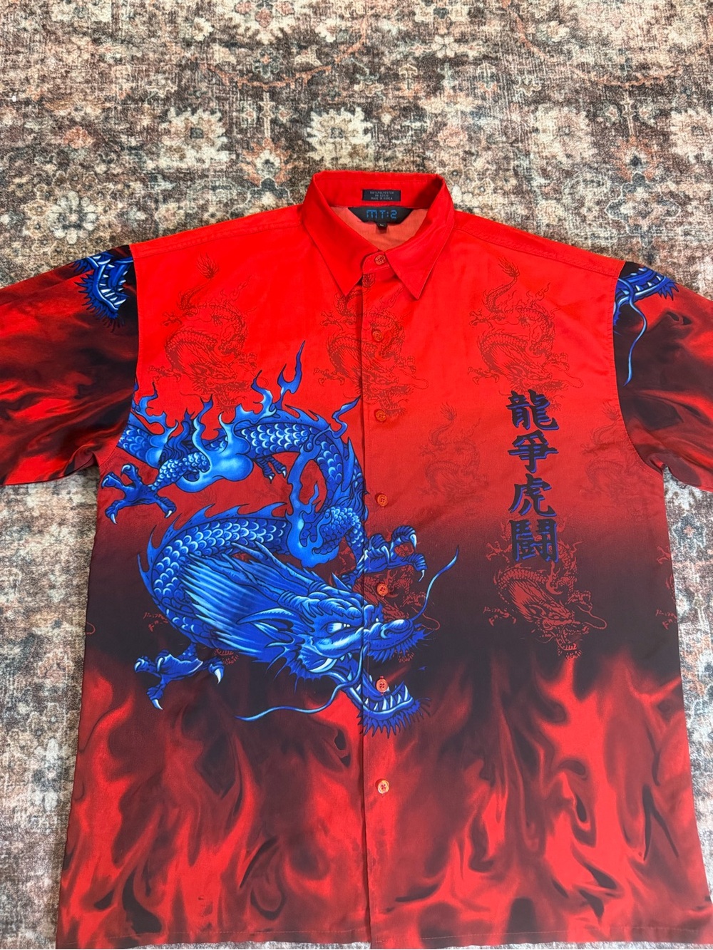 Vintage MT:2 Men's L Red Blue Dragon Graphic WovenShort Sleeve Button-Up